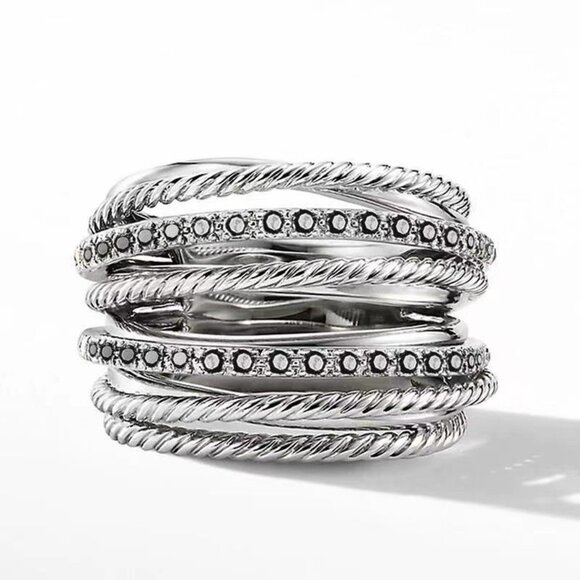 ▶Multi Layer Stacking Black Zircon Sterling Silver Plated Ring for Women L037